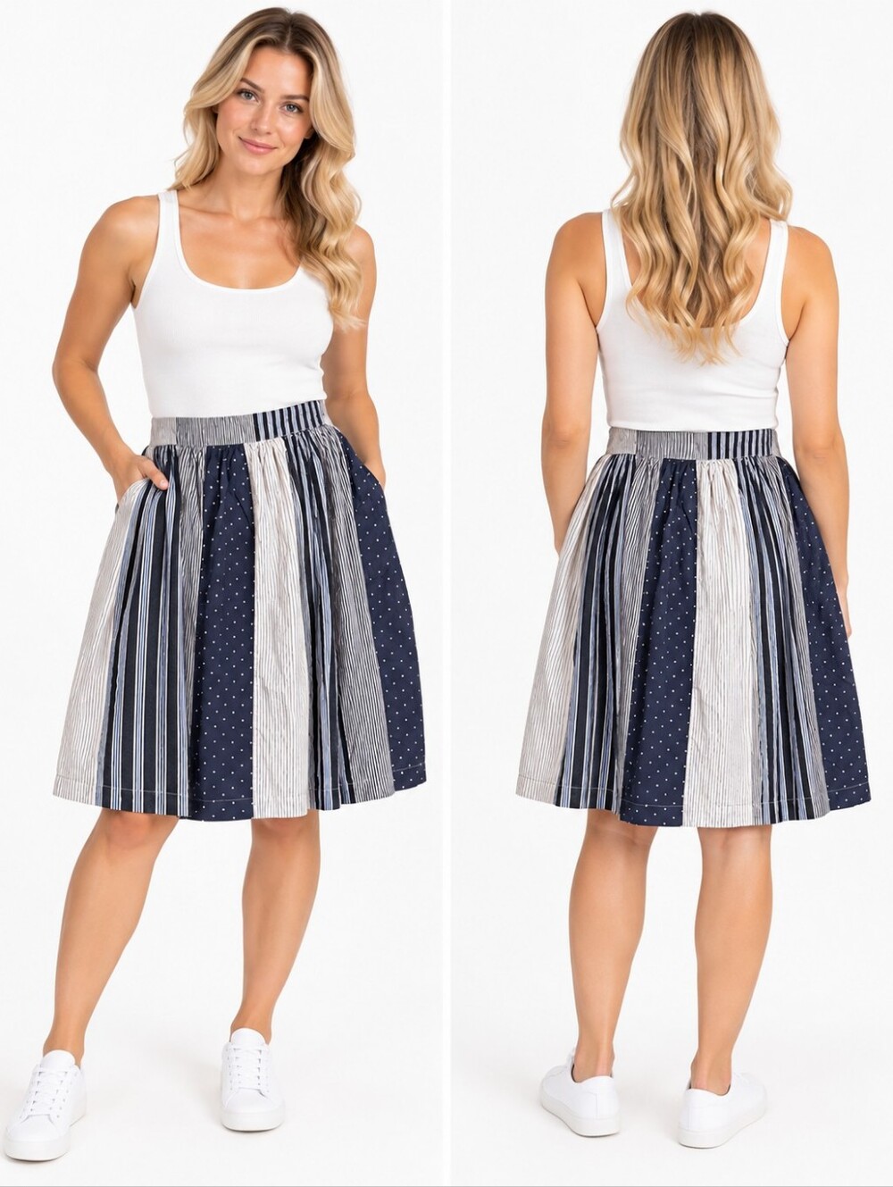 Boden Cotton Patchwork A-Line Skirt Women Navy Stripe Polka Dot 18L